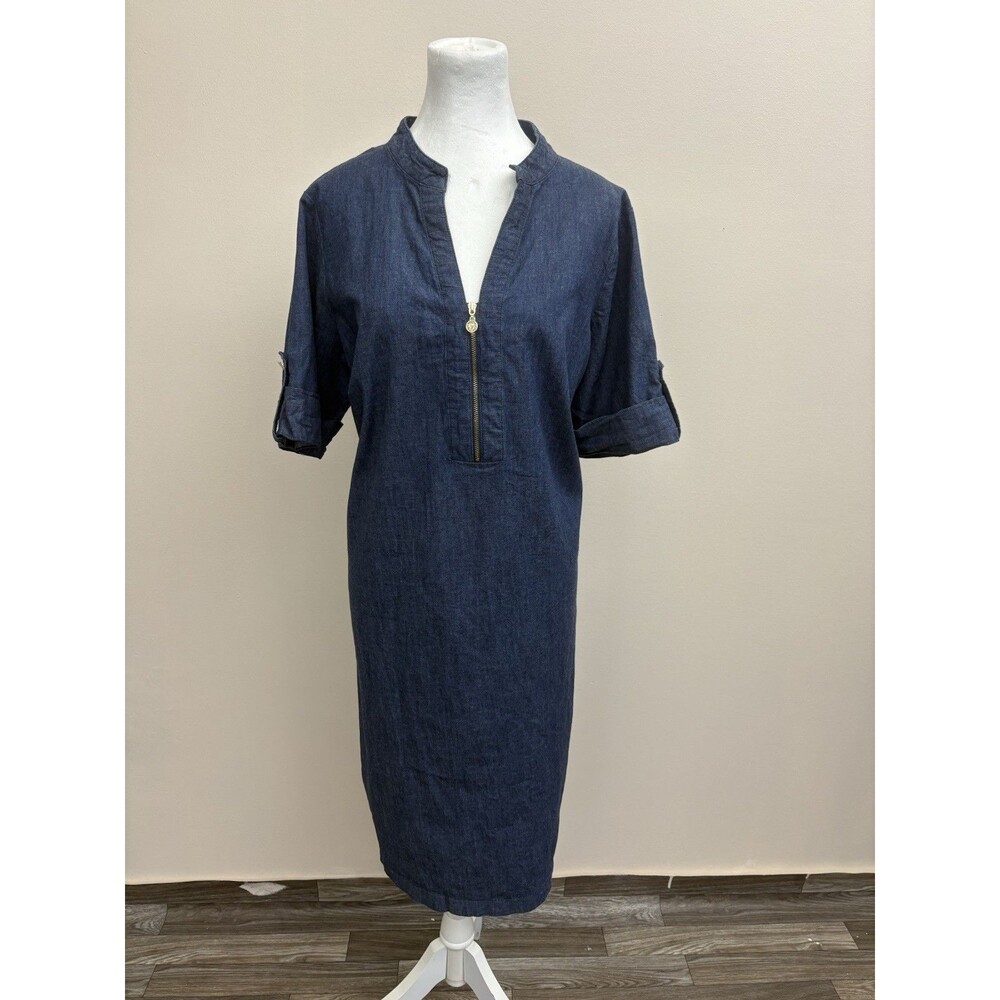 Anne Klein Shift Stretch Denim Blue 1/4 Zip Short Sleeve  Knee Length Dress 1XL - Picture 3 of 13